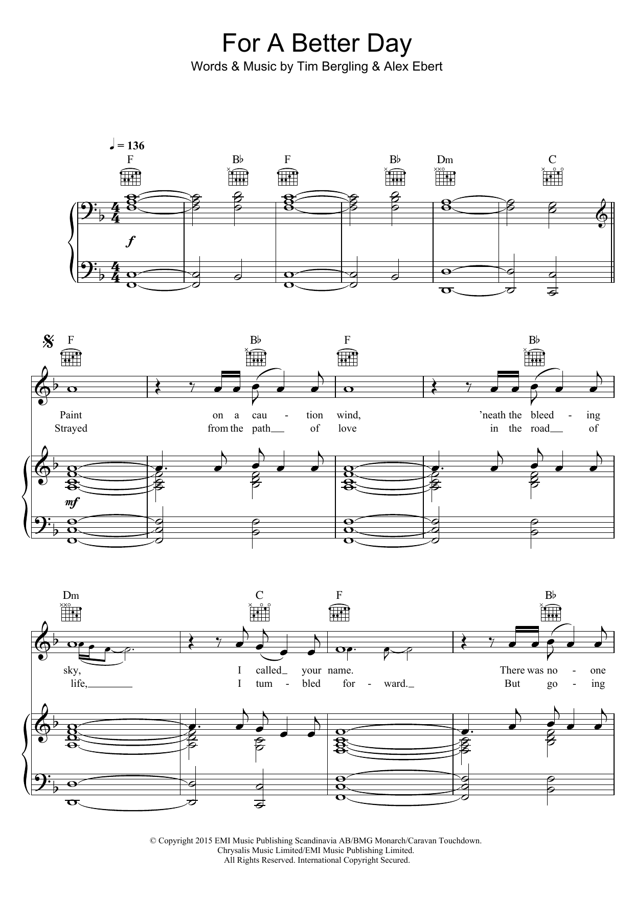 Avicii For A Better Day sheet music notes and chords arranged for Piano, Vocal & Guitar Chords