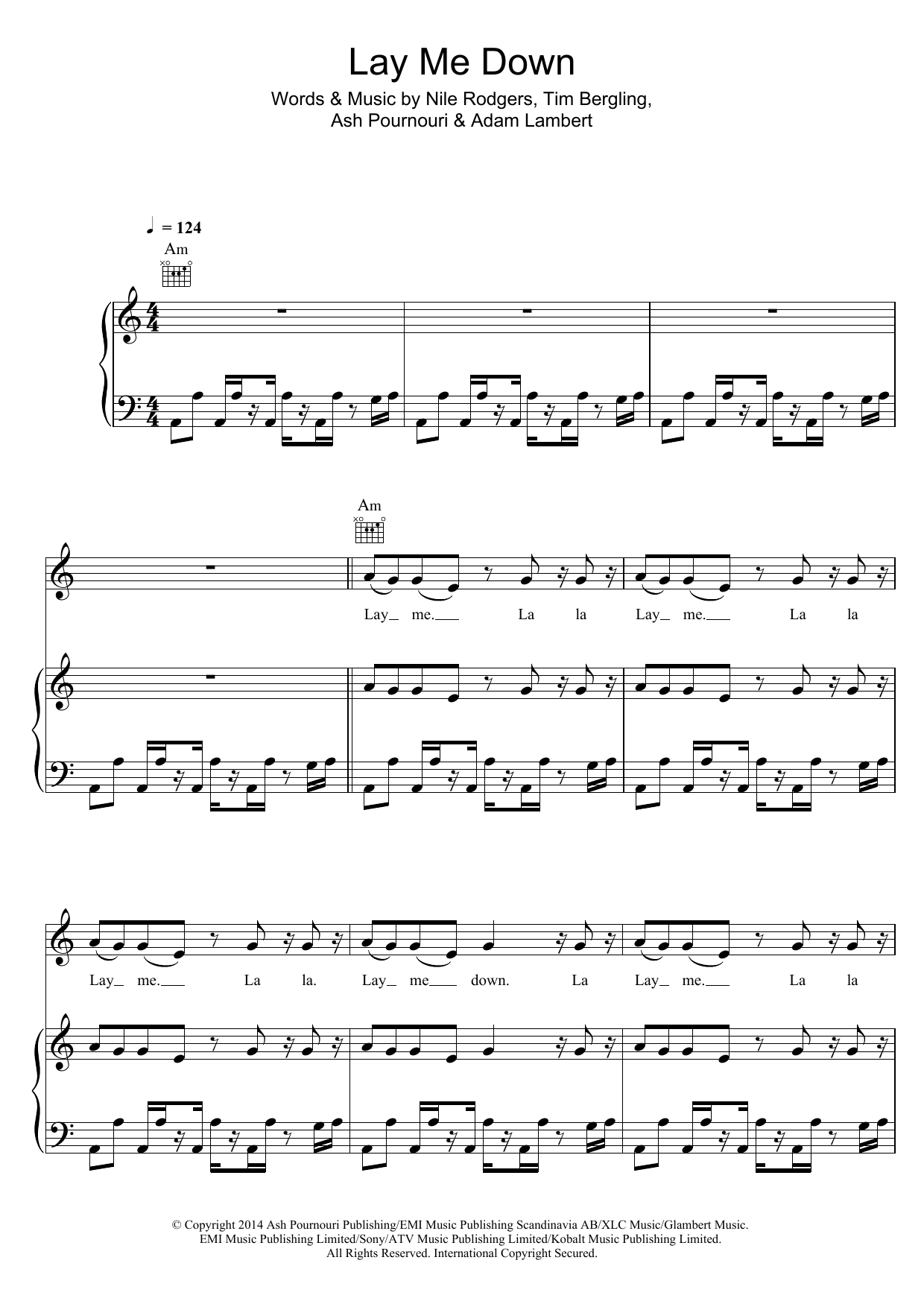 Avicii Lay Me Down sheet music notes and chords arranged for Piano, Vocal & Guitar Chords