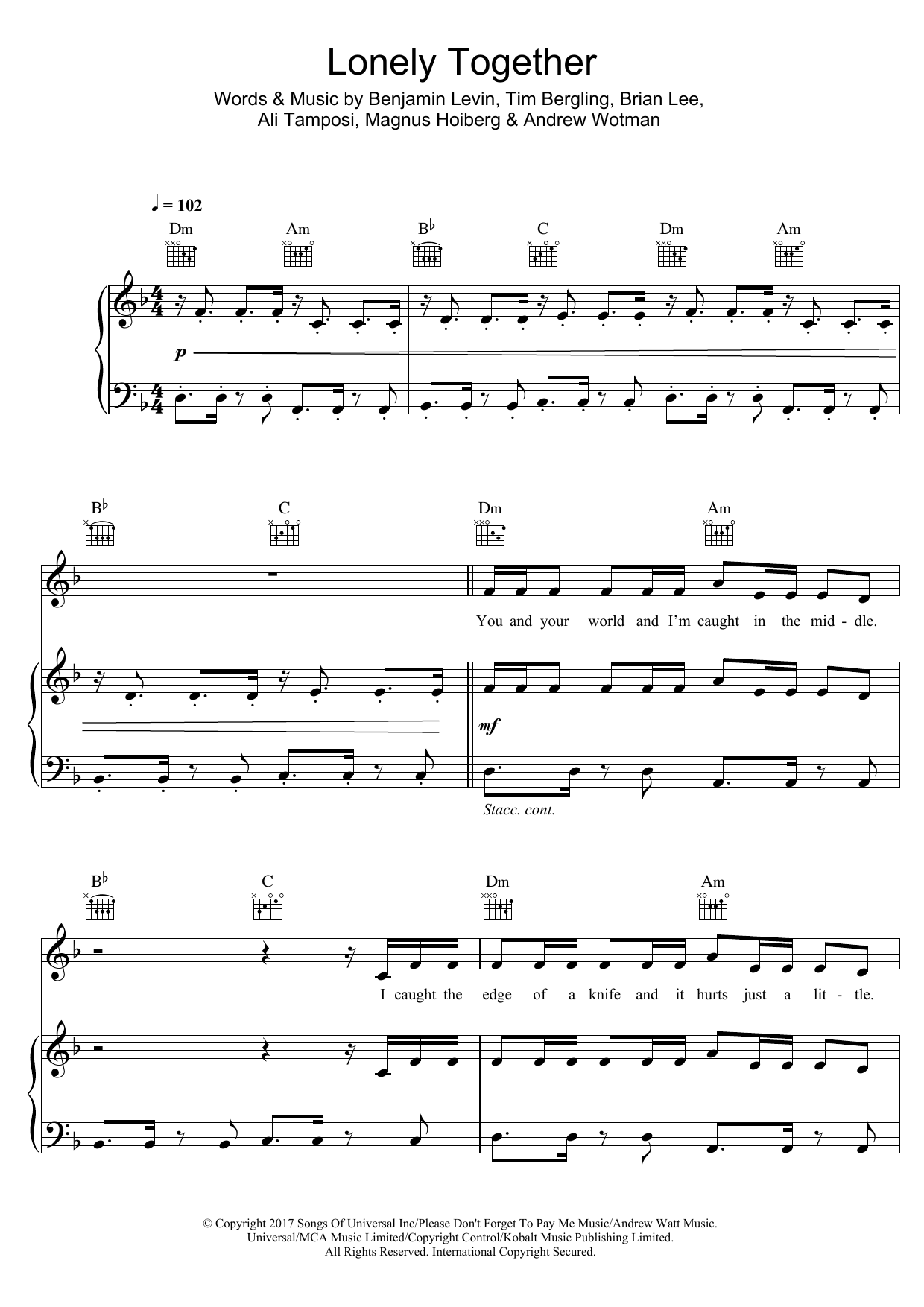 Avicii Lonely Together (featuring Rita Ora) sheet music notes and chords arranged for Piano, Vocal & Guitar Chords
