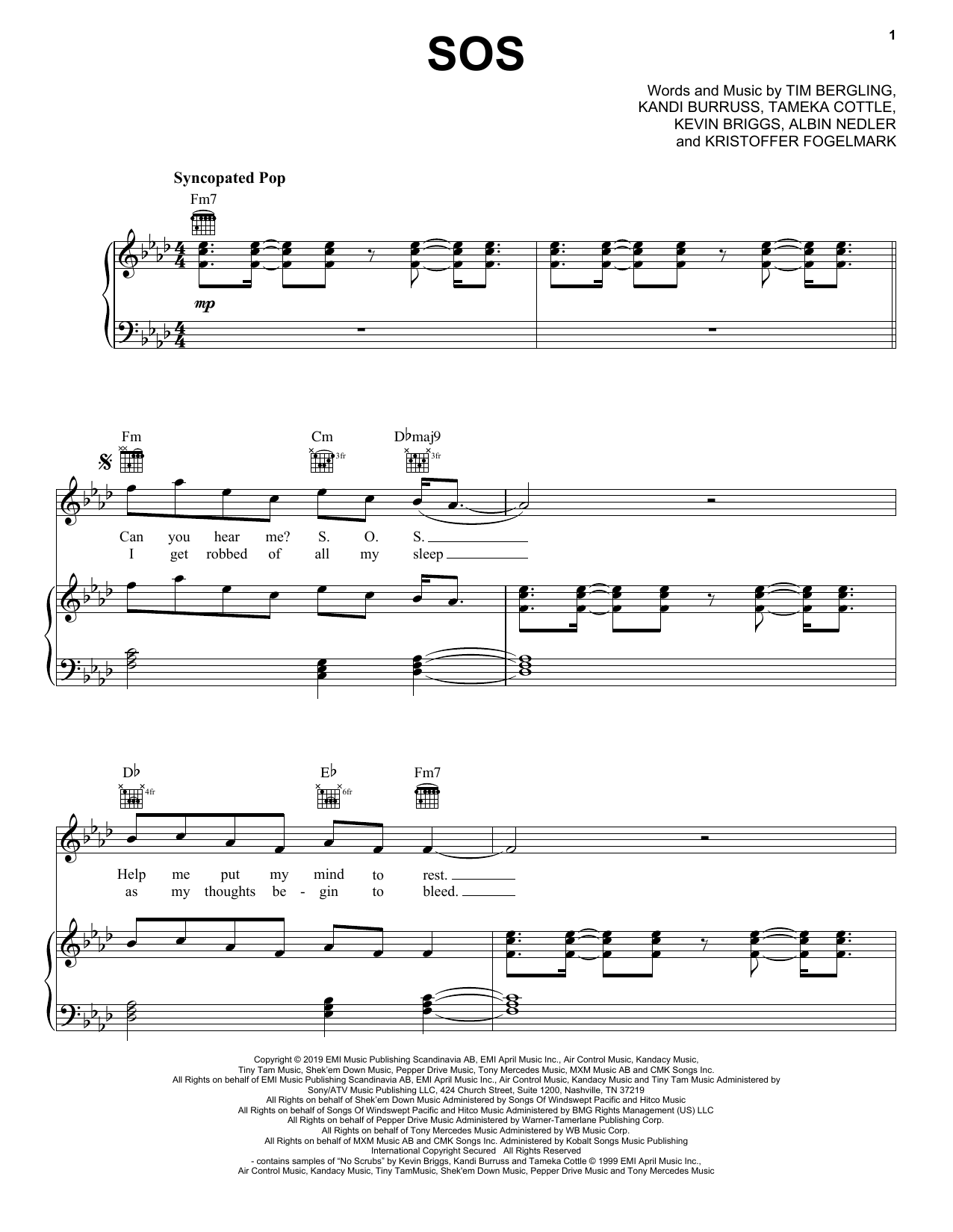 Avicii SOS (feat. Aloe Blacc) sheet music notes and chords arranged for Piano, Vocal & Guitar Chords (Right-Hand Melody)