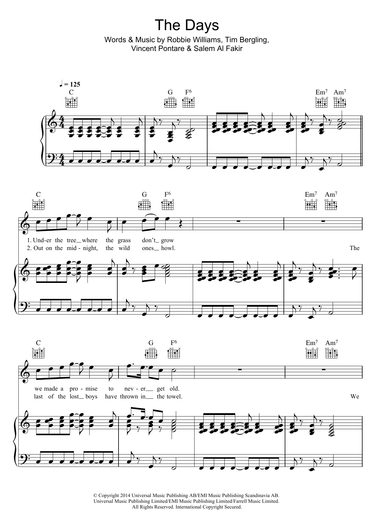 Avicii The Days (feat. Robbie Williams) sheet music notes and chords arranged for Piano, Vocal & Guitar Chords