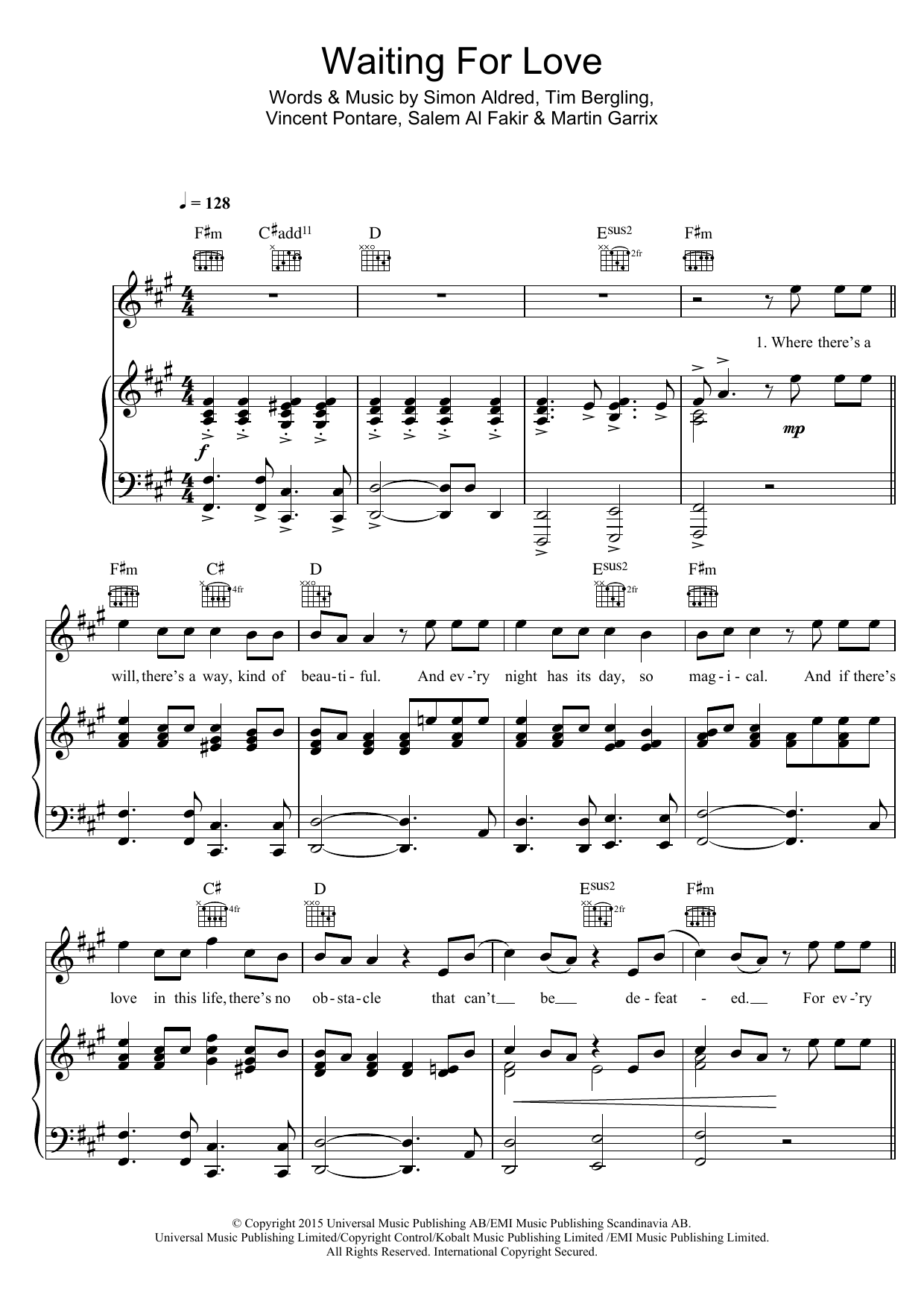 Avicii Waiting For Love sheet music notes and chords arranged for Piano, Vocal & Guitar Chords