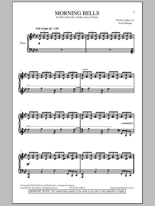 Avner Hanani Morning Bells sheet music notes and chords arranged for 3-Part Treble Choir