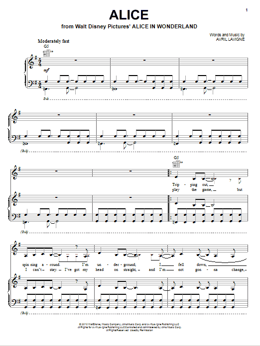 Avril Lavigne Alice sheet music notes and chords arranged for Big Note Piano