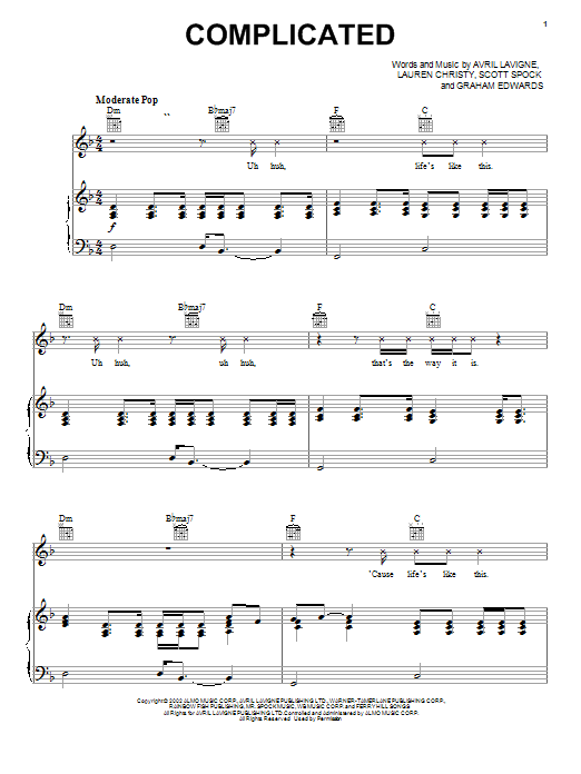 Avril Lavigne Complicated sheet music notes and chords arranged for Tenor Sax Solo