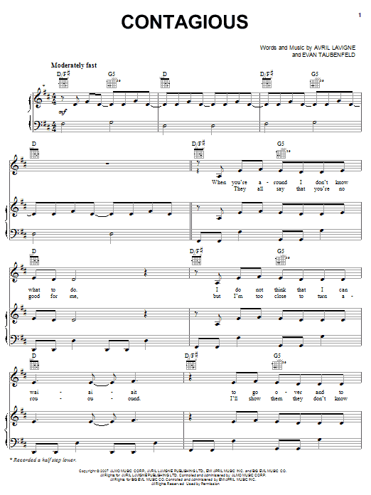Avril Lavigne Contagious sheet music notes and chords arranged for Piano, Vocal & Guitar Chords (Right-Hand Melody)