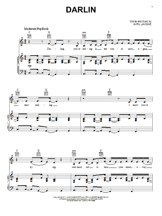 Avril Lavigne Darlin sheet music notes and chords arranged for Piano, Vocal & Guitar Chords (Right-Hand Melody)