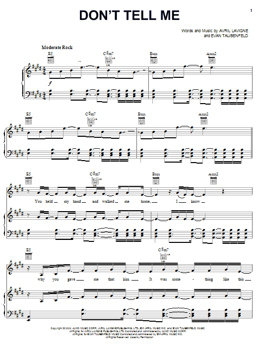 Avril Lavigne Don't Tell Me sheet music notes and chords arranged for Lead Sheet / Fake Book