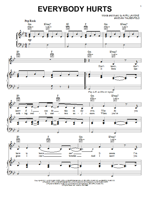 Avril Lavigne Everybody Hurts sheet music notes and chords arranged for Piano, Vocal & Guitar Chords (Right-Hand Melody)