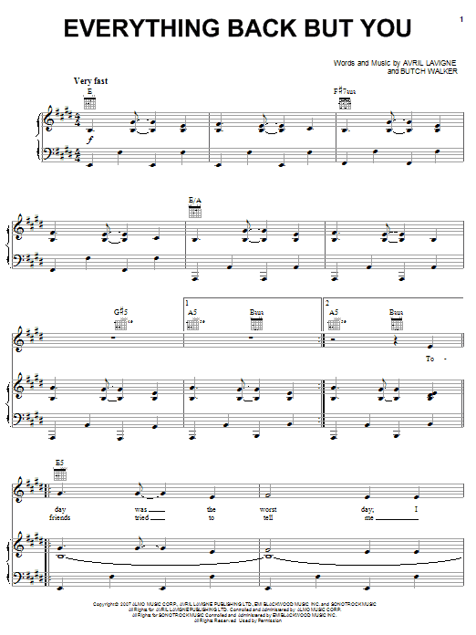 Avril Lavigne Everything Back But You sheet music notes and chords arranged for Piano, Vocal & Guitar Chords (Right-Hand Melody)