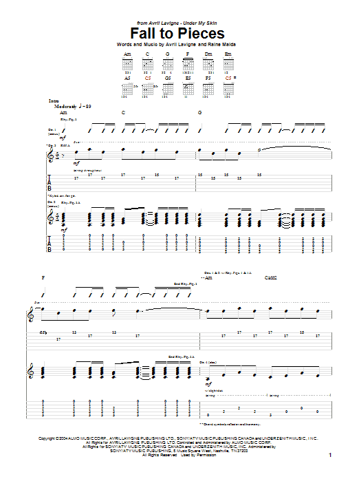 Avril Lavigne Fall To Pieces sheet music notes and chords arranged for Guitar Tab