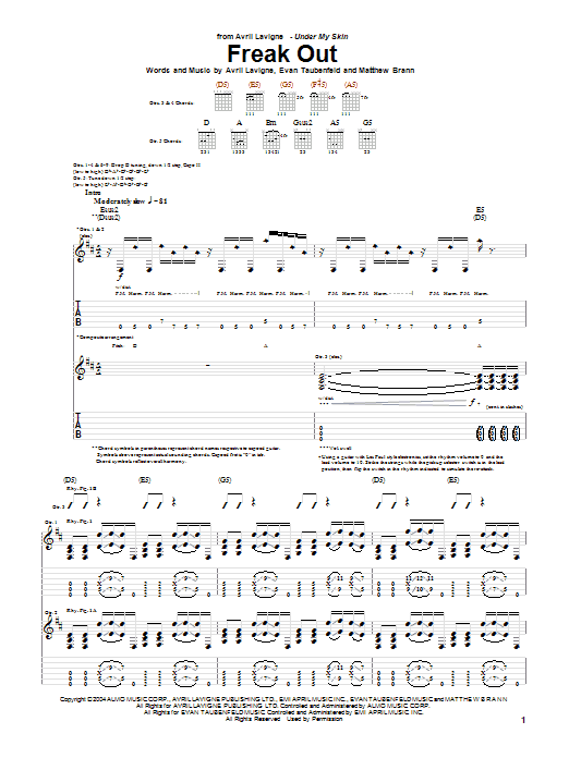 Avril Lavigne Freak Out sheet music notes and chords arranged for Guitar Tab