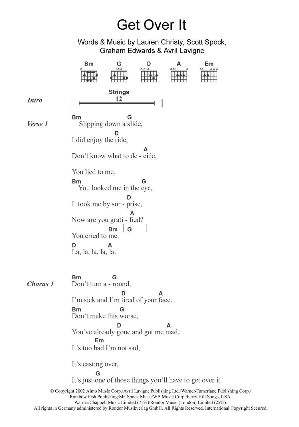 Avril Lavigne Get Over It sheet music notes and chords arranged for Guitar Chords/Lyrics