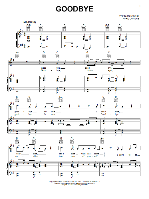 Avril Lavigne Goodbye sheet music notes and chords arranged for Piano, Vocal & Guitar Chords (Right-Hand Melody)