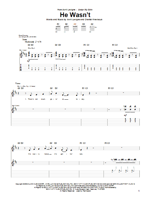 Avril Lavigne He Wasn't sheet music notes and chords arranged for Piano Chords/Lyrics