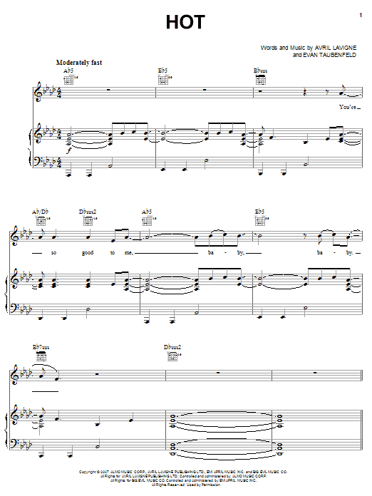 Avril Lavigne Hot sheet music notes and chords arranged for Piano, Vocal & Guitar Chords (Right-Hand Melody)