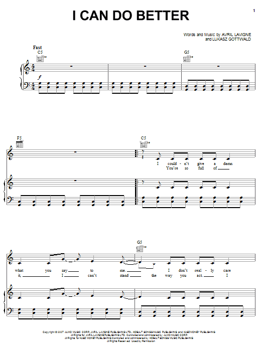Avril Lavigne I Can Do Better sheet music notes and chords arranged for Piano, Vocal & Guitar Chords (Right-Hand Melody)