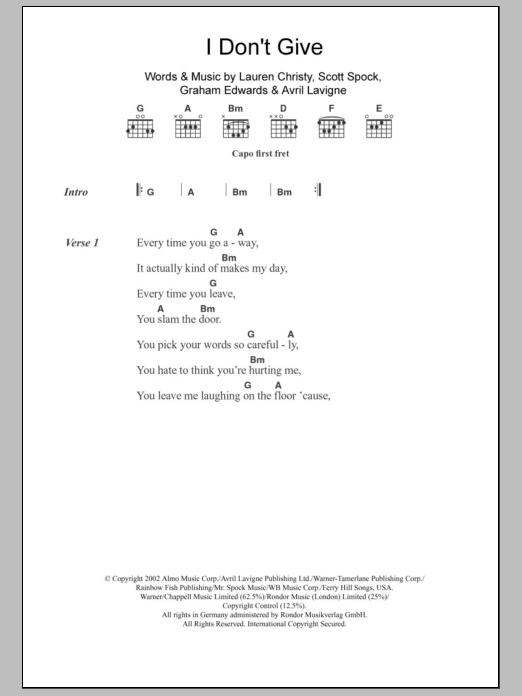 Avril Lavigne I Don't Give sheet music notes and chords arranged for Guitar Chords/Lyrics