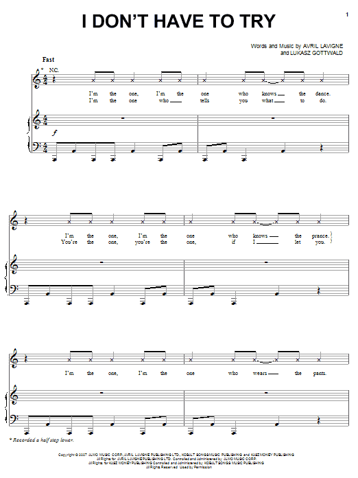 Avril Lavigne I Don't Have To Try sheet music notes and chords arranged for Piano, Vocal & Guitar Chords (Right-Hand Melody)