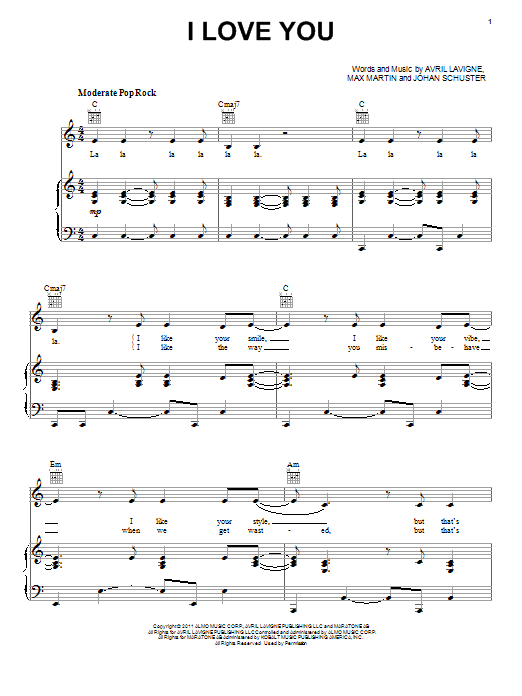 Avril Lavigne I Love You sheet music notes and chords arranged for Piano, Vocal & Guitar Chords (Right-Hand Melody)