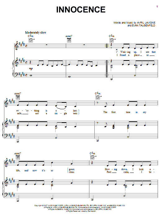 Avril Lavigne Innocence sheet music notes and chords arranged for Piano, Vocal & Guitar Chords (Right-Hand Melody)