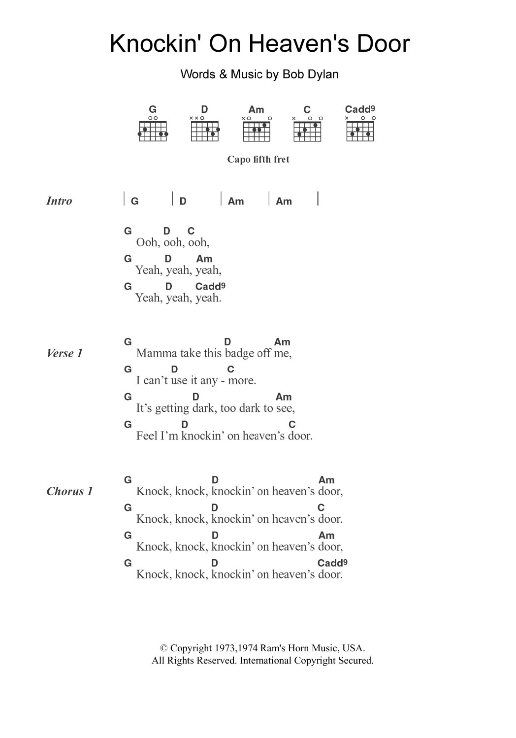 Avril Lavigne Knockin' On Heaven's Door sheet music notes and chords arranged for Guitar Chords/Lyrics