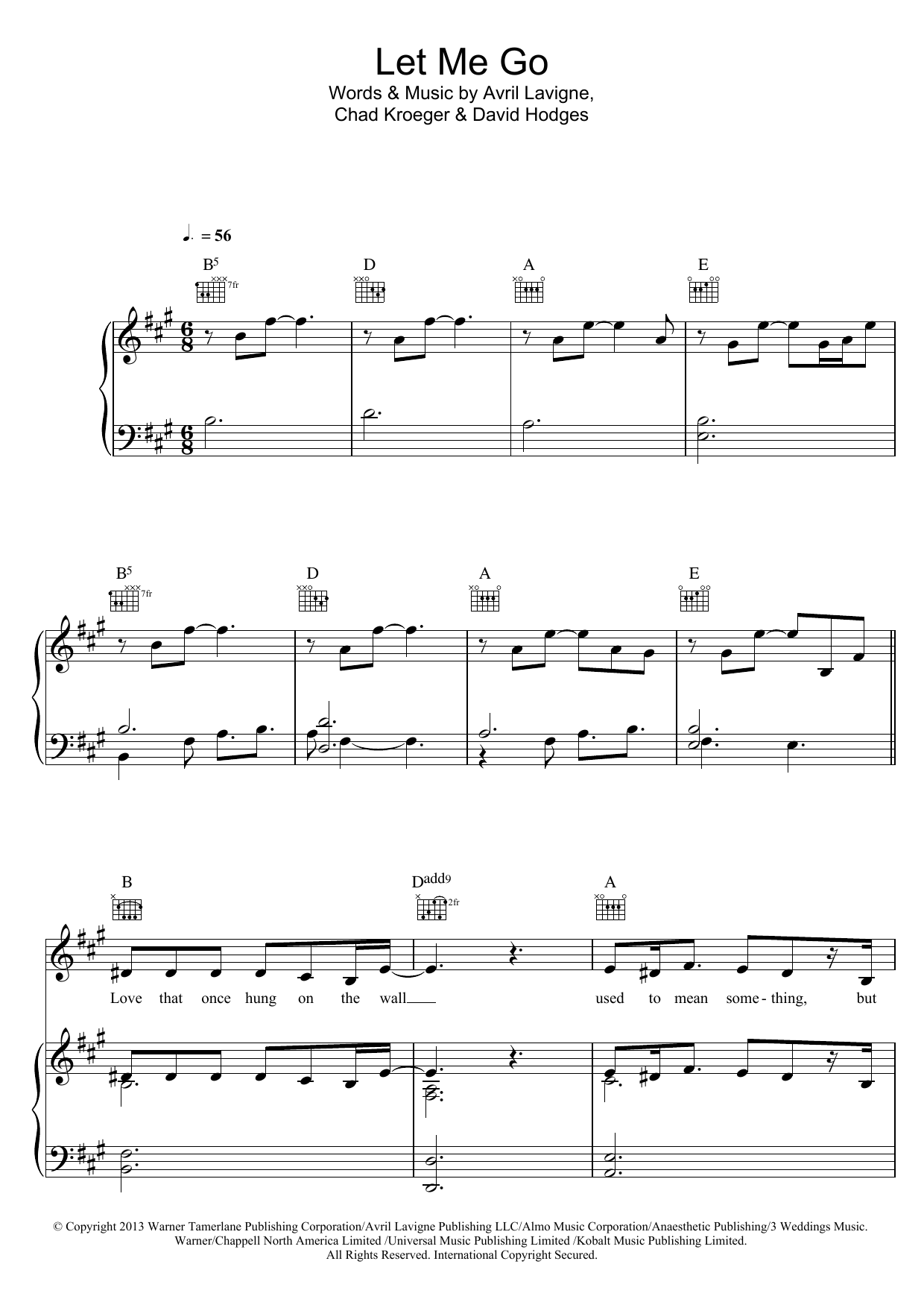 Avril Lavigne Let Me Go (feat. Chad Kroeger) sheet music notes and chords arranged for Piano, Vocal & Guitar Chords
