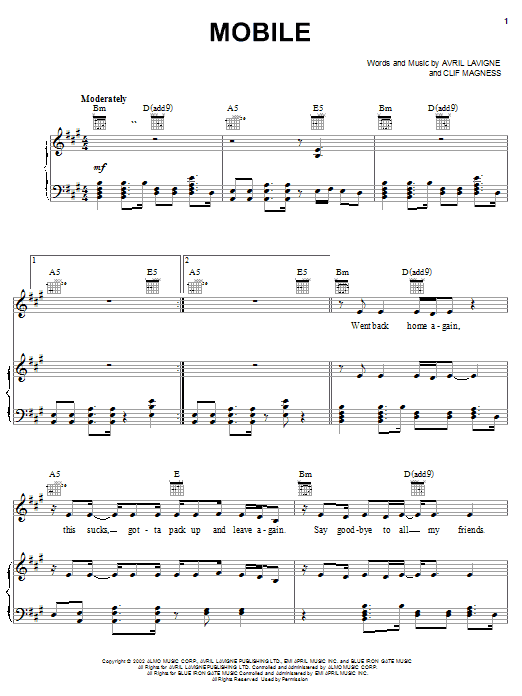 Avril Lavigne Mobile sheet music notes and chords arranged for Guitar Tab
