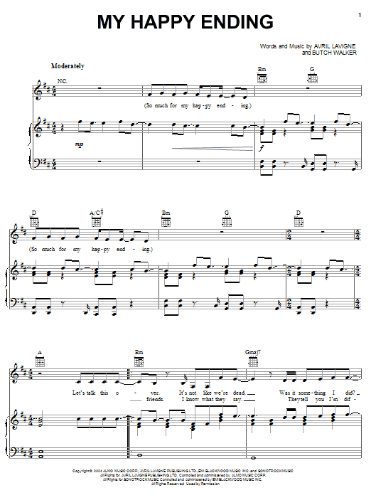 Avril Lavigne My Happy Ending sheet music notes and chords arranged for Piano, Vocal & Guitar Chords
