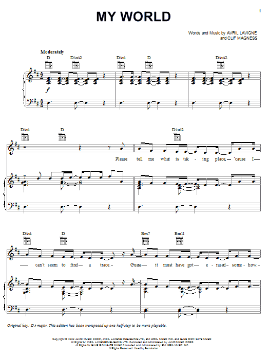 Avril Lavigne My World sheet music notes and chords arranged for Piano, Vocal & Guitar Chords (Right-Hand Melody)