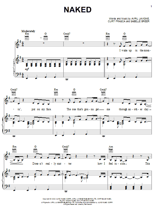 Avril Lavigne Naked sheet music notes and chords arranged for Piano, Vocal & Guitar Chords (Right-Hand Melody)