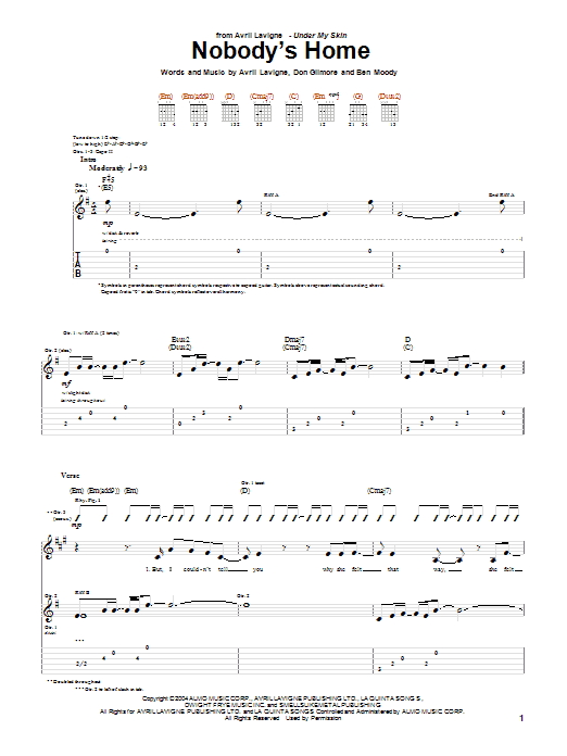 Avril Lavigne Nobody's Home sheet music notes and chords arranged for Piano, Vocal & Guitar Chords (Right-Hand Melody)