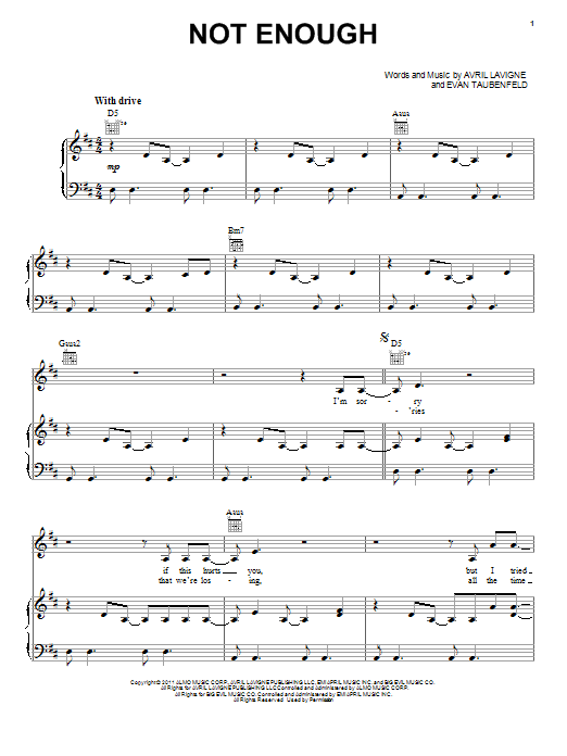 Avril Lavigne Not Enough sheet music notes and chords arranged for Piano, Vocal & Guitar Chords (Right-Hand Melody)