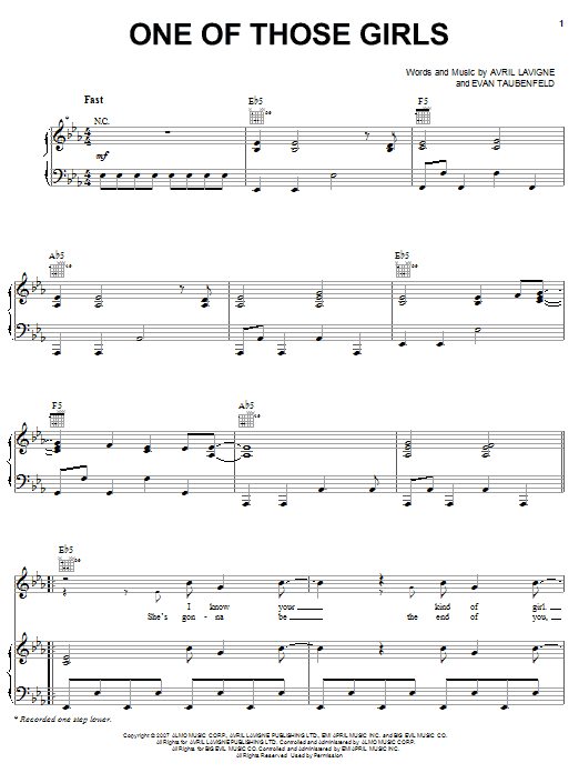 Avril Lavigne One Of Those Girls sheet music notes and chords arranged for Piano, Vocal & Guitar Chords (Right-Hand Melody)