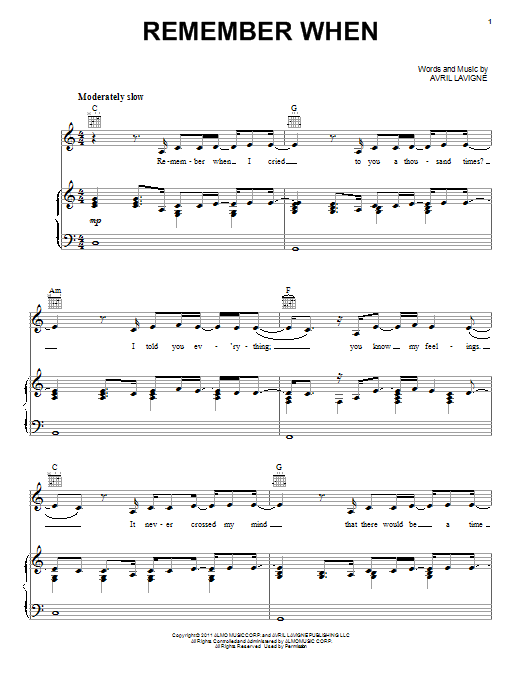 Avril Lavigne Remember When sheet music notes and chords arranged for Piano, Vocal & Guitar Chords (Right-Hand Melody)