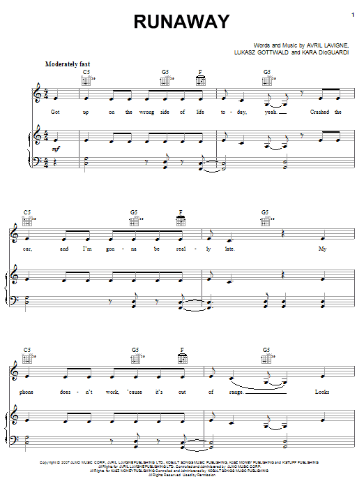 Avril Lavigne Runaway sheet music notes and chords arranged for Piano, Vocal & Guitar Chords (Right-Hand Melody)