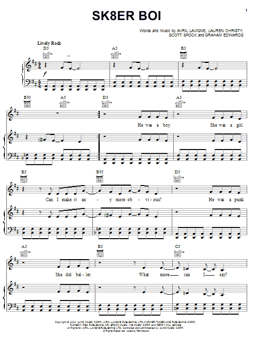 Avril Lavigne Sk8er Boi sheet music notes and chords arranged for Piano, Vocal & Guitar Chords (Right-Hand Melody)