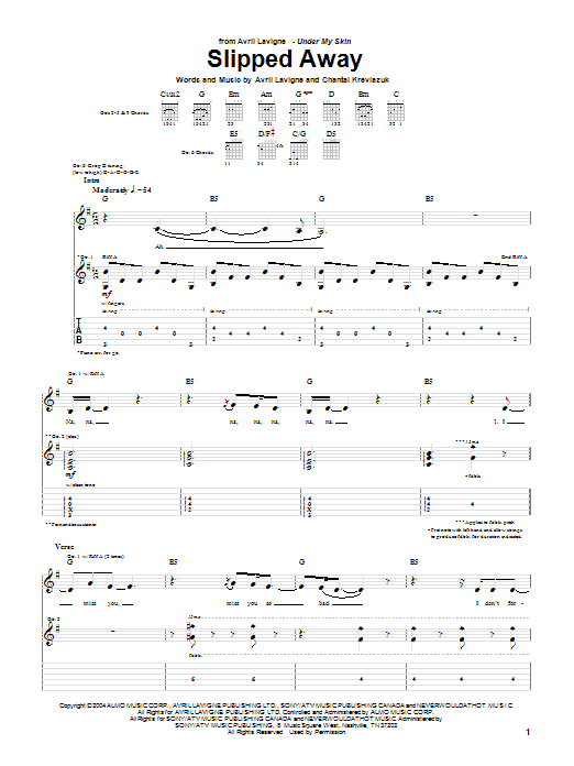 Avril Lavigne Slipped Away sheet music notes and chords arranged for Guitar Tab