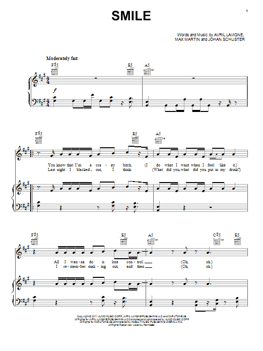 Avril Lavigne Smile sheet music notes and chords arranged for Piano, Vocal & Guitar Chords (Right-Hand Melody)