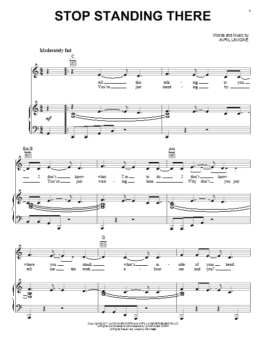 Avril Lavigne Stop Standing There sheet music notes and chords arranged for Piano, Vocal & Guitar Chords (Right-Hand Melody)