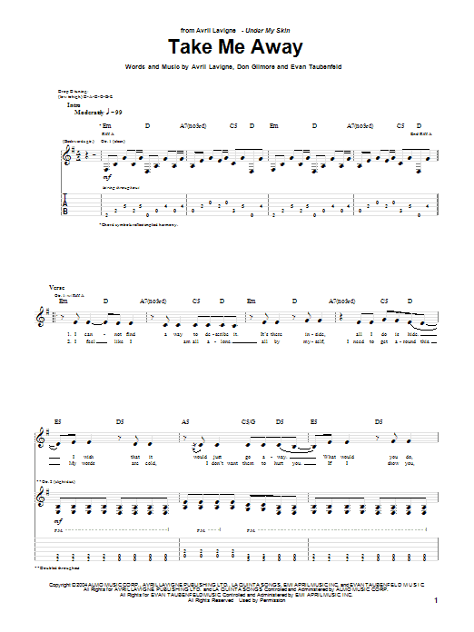 Avril Lavigne Take Me Away sheet music notes and chords arranged for Guitar Tab
