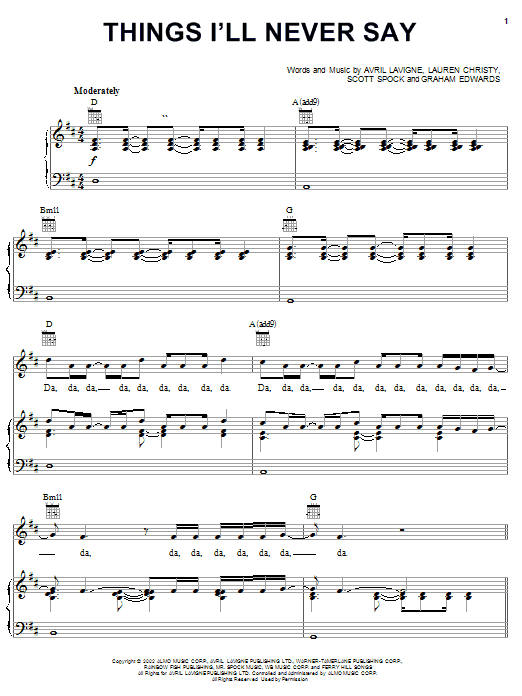 Avril Lavigne Things I'll Never Say sheet music notes and chords arranged for Easy Piano