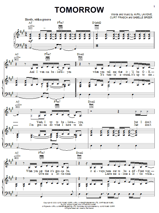 Avril Lavigne Tomorrow sheet music notes and chords arranged for Easy Piano