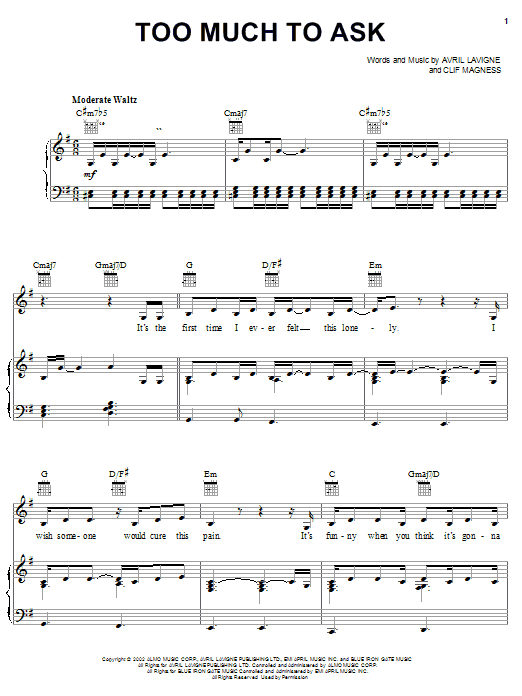 Avril Lavigne Too Much To Ask sheet music notes and chords arranged for Piano, Vocal & Guitar Chords (Right-Hand Melody)