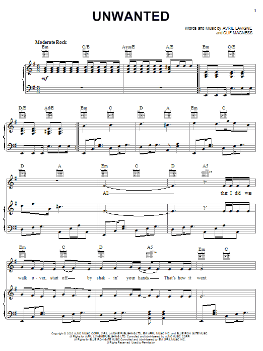 Avril Lavigne Unwanted sheet music notes and chords arranged for Easy Piano