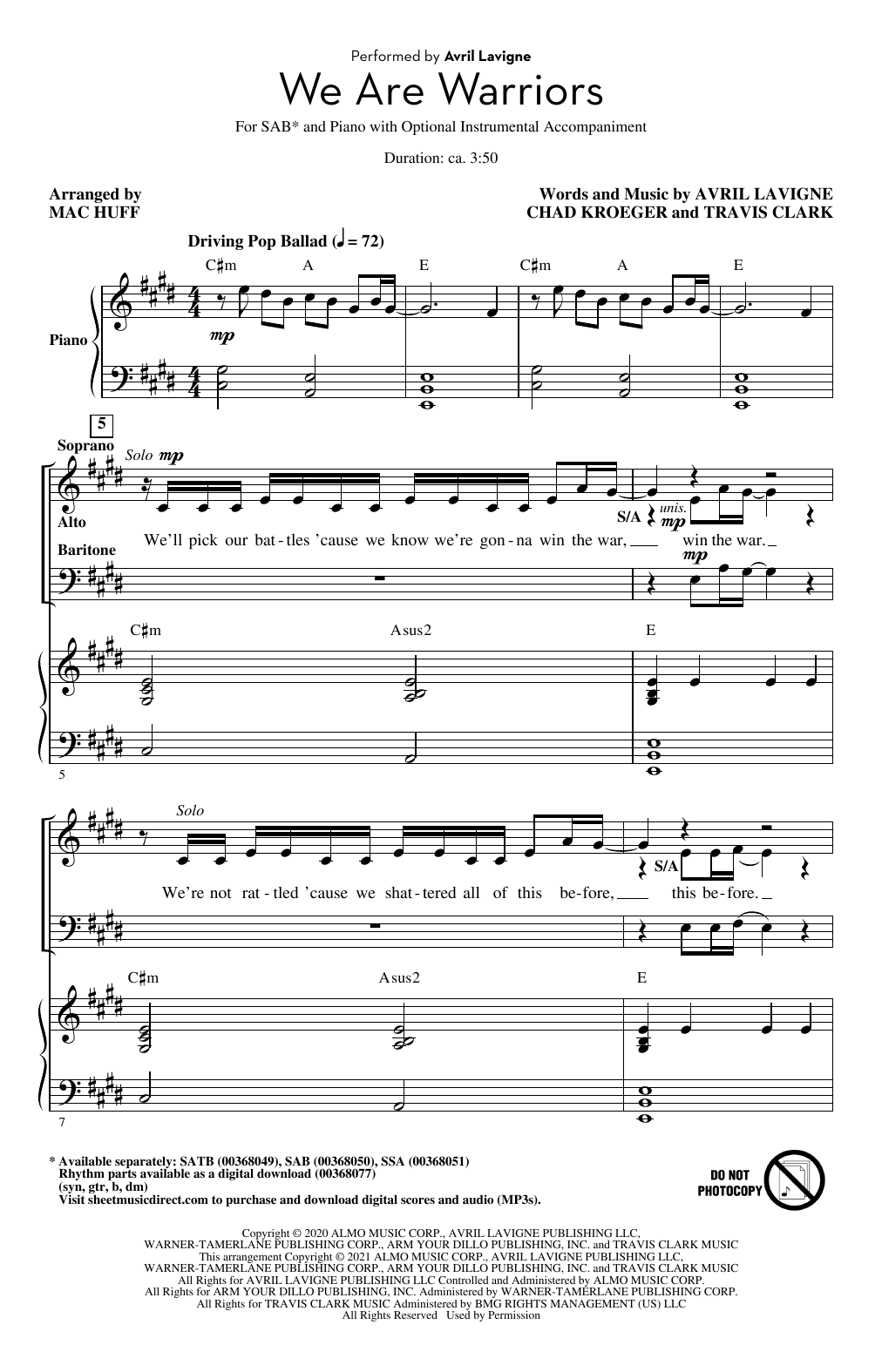 Avril Lavigne We Are Warriors (Warrior) (arr. Mac Huff) sheet music notes and chords arranged for SATB Choir
