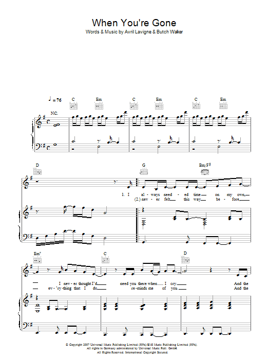 Avril Lavigne When You're Gone sheet music notes and chords arranged for Piano Chords/Lyrics