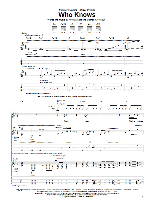 Avril Lavigne Who Knows sheet music notes and chords arranged for Piano, Vocal & Guitar Chords (Right-Hand Melody)