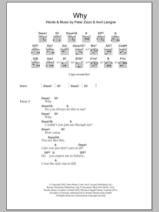 Avril Lavigne Why sheet music notes and chords arranged for Guitar Chords/Lyrics