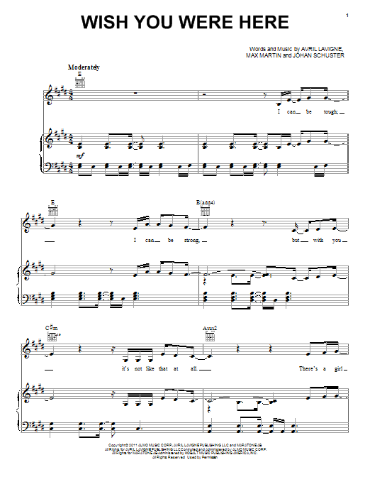 Avril Lavigne Wish You Were Here sheet music notes and chords arranged for Piano, Vocal & Guitar Chords (Right-Hand Melody)